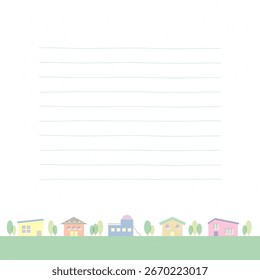 Design de bloco de notas com ilustração pastel townscape e plano de fundo de papel alinhado