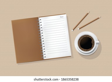 Notepad, diary, coffee mug, paper, pencil for advertisement design idea or poster design.
