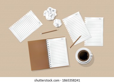Notepad, diary, coffee mug, paper, pencil for advertisement design idea or poster design.