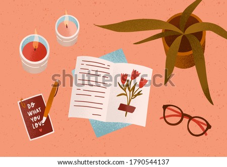 Notepad or diary with dry beautiful flower and writing text surrounded by cosiness things on desk vector flat illustration. Top view of cozy workplace organization with candles, accessories and plant