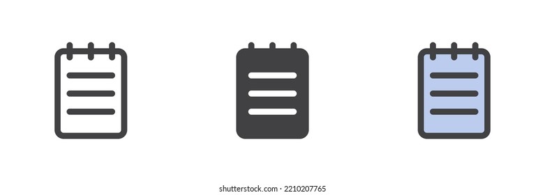 Notepad different style icon set. Line, glyph and filled outline colorful version, notes outline and filled vector sign. Symbol, logo illustration. Vector graphics