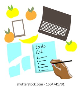 notepad to do list, hand writes, notebook, paper, fruit, isolated white background, stock vector illustration, square, planning, preparing for the holiday or work processes