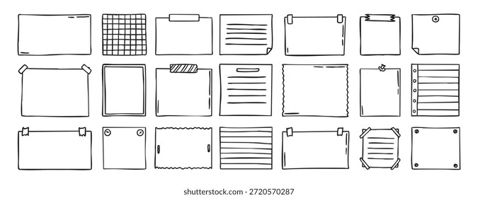 Notizblock-Doodle-Messaging-Set, Haftnotiz, handgezeichneter Clipart für Memo, Erinnerungsnachricht Office School Label, Schreibwaren-Schreibblock. Vektorgrafik