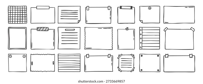 Notepad doodle messaging set, sticky note, hand drawn clipart for memo, reminder message office school label, stationery writing pad. Vector illustration
