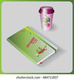 Notepad and a drink. Proper nutrition. Vector image.