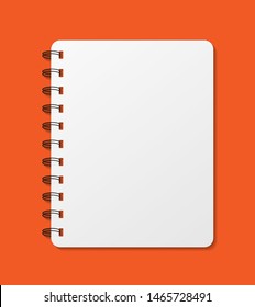 Notepad empty white realistic mockup isolated on orange background. For your image, logo, text or design. Blank notebook mock up with shadow. Vector illustration