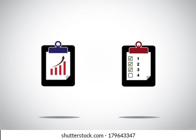 notepad exam pad symbols with progress arrow and to do list icons.  two different colorful bar chart with arrow and to-do list with tick boxes - concept design illustration art bright white background