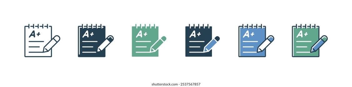 notepad exam score grade icon set education quiz test result with pencil vector school performance report symbol illustration