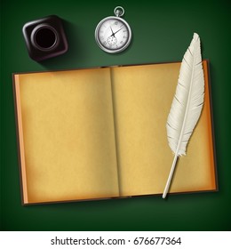 Notepad and feather with an inkwell and a clock on a wooden table. Vintage retro background. Blank old diary for writing. Stock vector illustration.