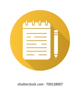 Notepad flat design long shadow glyph icon. Spiral notebook with pencil. Vector silhouette illustration