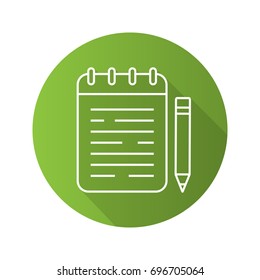 Notepad flat linear long shadow icon. Spiral notebook with pencil. Vector outline symbol