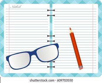 Notepad with folded glasses and red pencil. Vector illustration