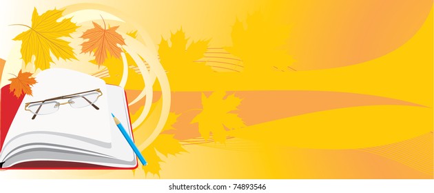 Notepad and glasses on the autumn background. Banner. Vector