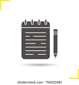 Notepad glyph icon. Drop shadow silhouette symbol. Spiral notebook with pencil. Negative space. Vector isolated illustration