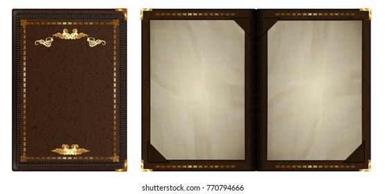 Notepad with a gold border in brown leather. The isolated object is shown in two variants, the cover and the opened one.
