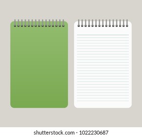 Notepad with a green cover and with a binding from above. Vector illustration