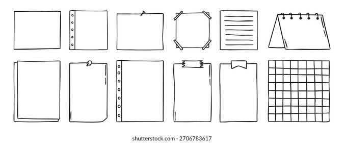 Bloc de notas dibujado a mano nota de papel para hacer doodle lista. hoja vacía de colección de papel. Ilustración vectorial