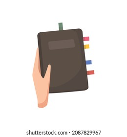 Notepad in hand with nested bookmarks. Keeping a diary, wish list. Cartoon vector illustration.
