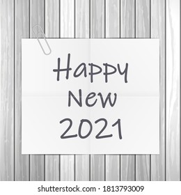 Notepad feliz nuevo texto de 2021 sobre fondo de madera. Ilustración vectorial.