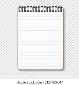 Notepad with a horizontal spring spiral. Notebook with lined white sheet. Vector illustration on a transparent background