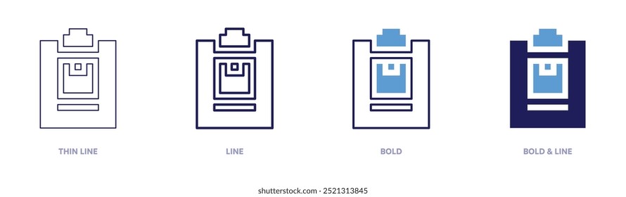 Ícone do Bloco de notas em 4 estilos diferentes. Linha fina, Linha, Negrito e Linha Negrito. Estilo duotônico. Traçado editável.