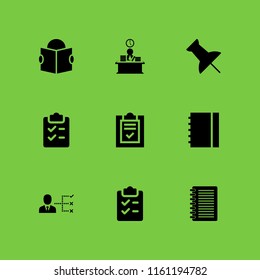 notepad icon. 9 notepad set with list, shopping list, push pin and notebook vector icons for web and mobile app