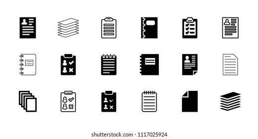 Notepad icon. collection of 18 notepad filled and outline icons such as resume, paper, notebook, clipboard. editable notepad icons for web and mobile.