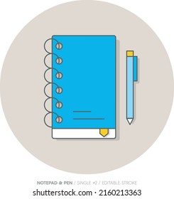Notepad icon. Colored vector icon designed in filled, outline, flat, glyph and line colored. Editable stroke. On circle with pen, shadows.
