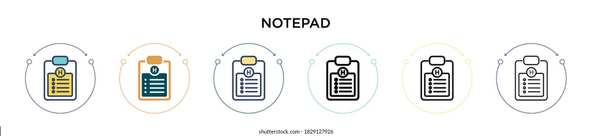 Notepad icon in filled, thin line, outline and stroke style. Vector illustration of two colored and black notepad vector icons designs can be used for mobile, ui, web