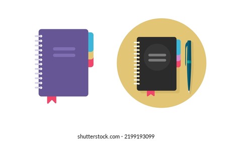 Notepad icon flat vector isolated or note pad notebook and diary memo workbook spiral cut out graphic illustration with pen pencil round symbol set
