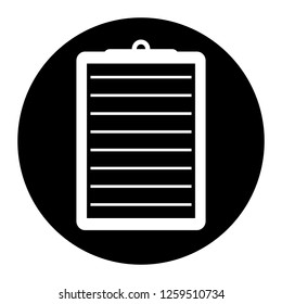 Notepad icon on black circle. White background