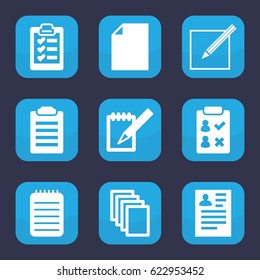 Notepad icon. set of 9 filled notepad icons such as resume, paper, notebook, paper and pen, clipboard
