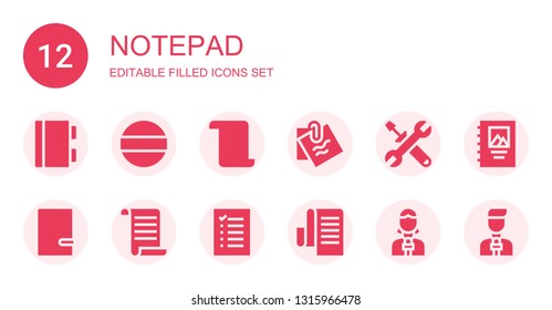 notepad icon set. Collection of 12 filled notepad icons included Notebook, Pad, List, Note, Edit, News reporter, Binding