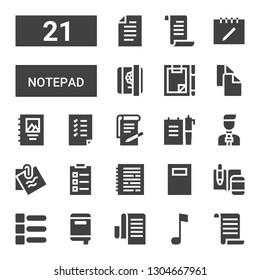notepad icon set. Collection of 21 filled notepad icons included List, Note, Notebook, Notes, News reporter, Tasks, Binding, Copy, Forms, Diary, Paper