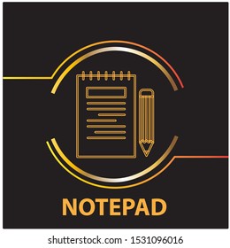 notepad icon. Simple golden line icon on black background. Vector illustration