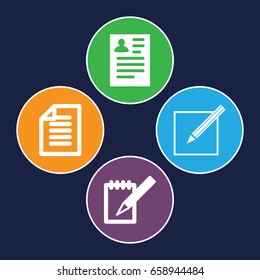 Notepad icons set. set of 4 notepad filled icons such as resume, notebook, paper and pen