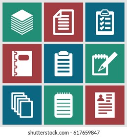 Notepad icons set. set of 9 notepad filled icons such as resume, paper, notebook, clipboard