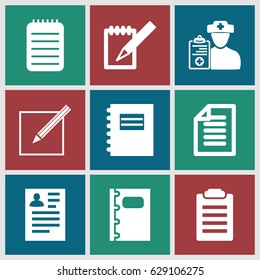Notepad icons set. set of 9 notepad filled icons such as resume, notebook, doctor prescription, paper and pen, paper, notepad