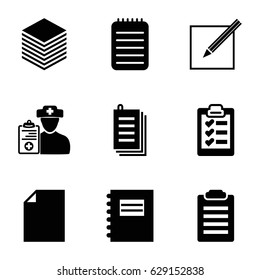 Notepad icons set. set of 9 notepad filled icons such as paper, notebook, doctor prescription, paper and pen, clipboard, notepad