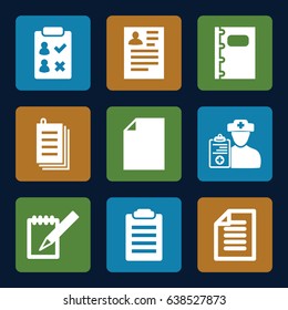 Notepad icons set. set of 9 notepad filled icons such as resume, paper, notebook, doctor prescription