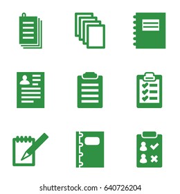 Notepad icons set. set of 9 notepad filled icons such as resume, paper, notebook, clipboard, notepad
