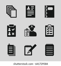 Notepad icons set. set of 9 notepad filled icons such as resume, paper, notebook, doctor prescription, clipboard
