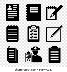 Notepad icons set. set of 9 notepad filled icons such as resume, paper, notebook, doctor prescription, paper and pen, clipboard, notepad