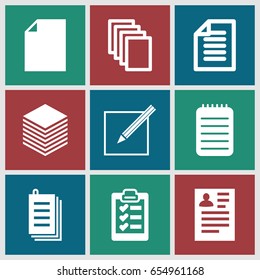 Notepad icons set. set of 9 notepad filled icons such as resume, paper, notebook, paper and pen