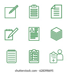 Notepad icons set. set of 9 notepad outline icons such as resume, notebook, doctor prescription, paper and pen, paper, clipboard