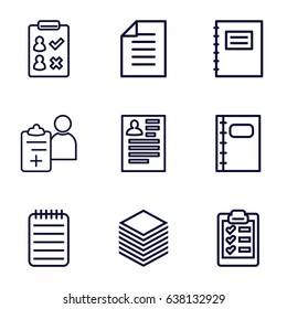 Notepad icons set. set of 9 notepad outline icons such as resume, notebook, doctor prescription, paper, clipboard, notepad