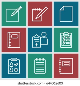 Notepad icons set. set of 9 notepad outline icons such as notebook, doctor prescription, paper and pen, clipboard, notepad, check list
