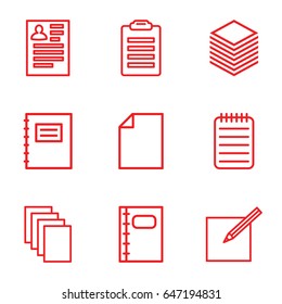 Notepad icons set. set of 9 notepad outline icons such as resume, paper, notebook, paper and pen, notepad