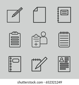 Notepad icons set. set of 9 notepad outline icons such as resume, notebook, doctor prescription, paper and pen, notepad, check list