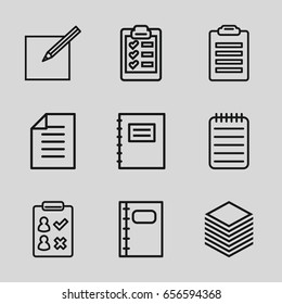 Notepad icons set. set of 9 notepad outline icons such as notebook, paper and pen, paper, clipboard, notepad